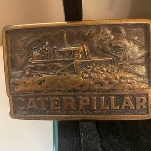 Vintage Caterpillar Bronze sturdy Belt Buckle with raised image of Machinery
